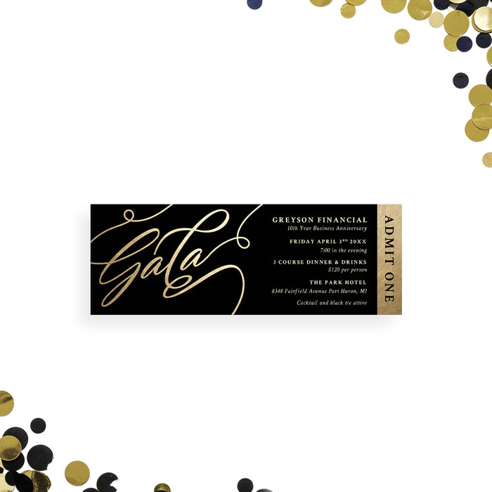 black and gold corporate ticket invitation with elegant admit one business gala design