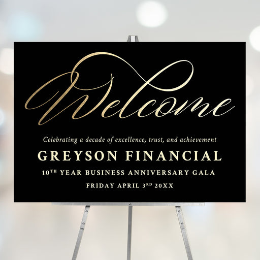 black and gold welcome sign with elegant gold script typography for corporate galas, business anniversaries, and formal events.