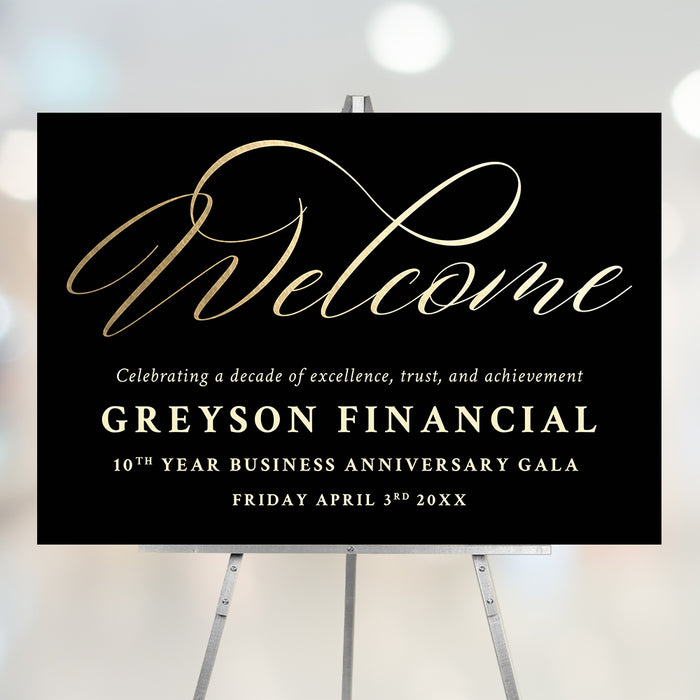 black and gold welcome sign with elegant gold script typography for corporate galas, business anniversaries, and formal events.