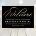 black and gold welcome sign with elegant gold script typography for corporate galas, business anniversaries, and formal events.