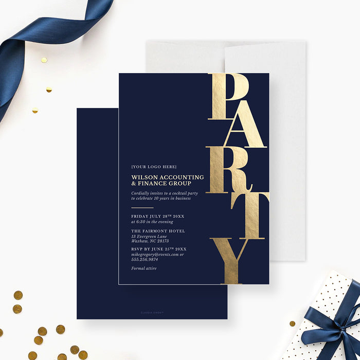 corporate anniversary party invitation with navy background, gold-colored party lettering, logo space, and personalized business event details-front-back
