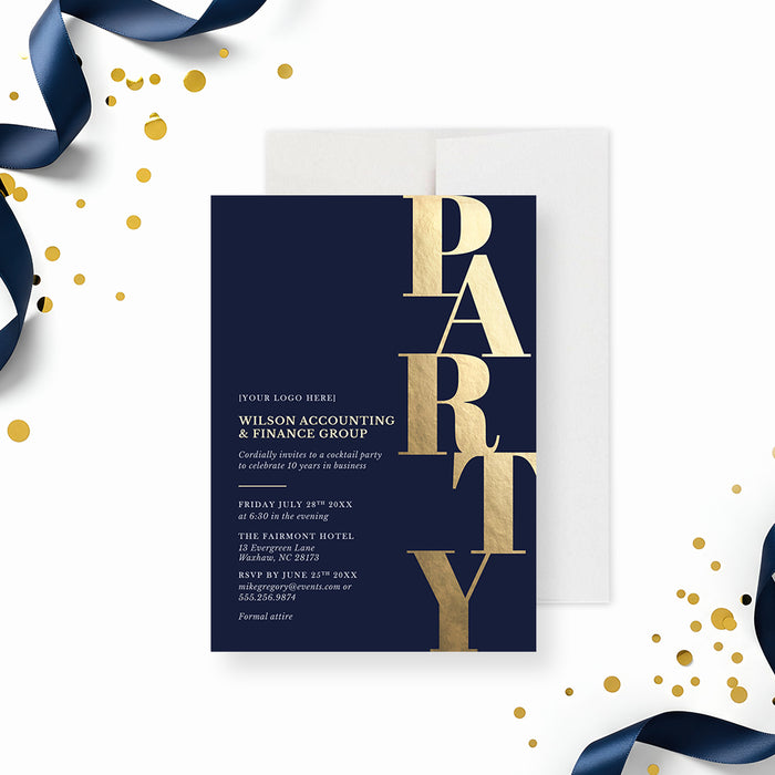 corporate anniversary party invitation with navy background, gold-colored party lettering, logo space, and personalized business event details-front