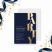 corporate anniversary party invitation with navy background, gold-colored party lettering, logo space, and personalized business event details-front