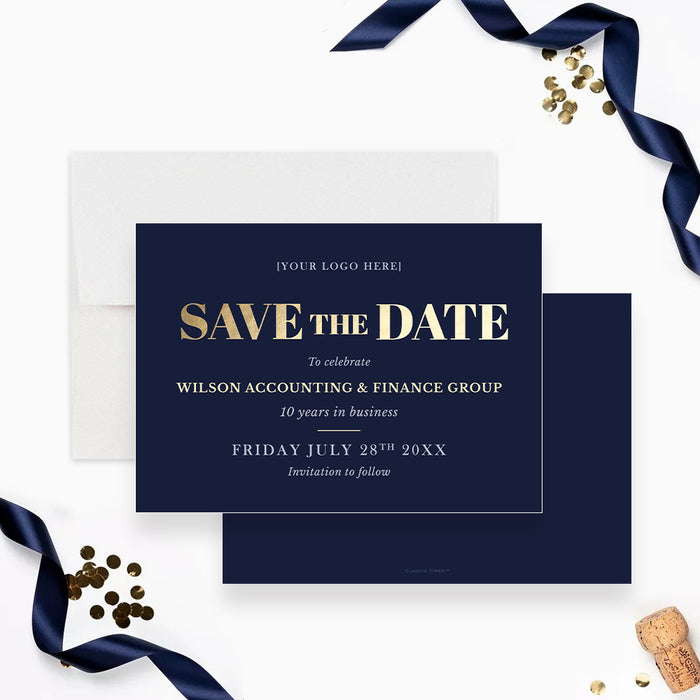 corporate anniversary save the date card with navy background, gold-colored lettering, logo space, and personalized company milestone details-front-back