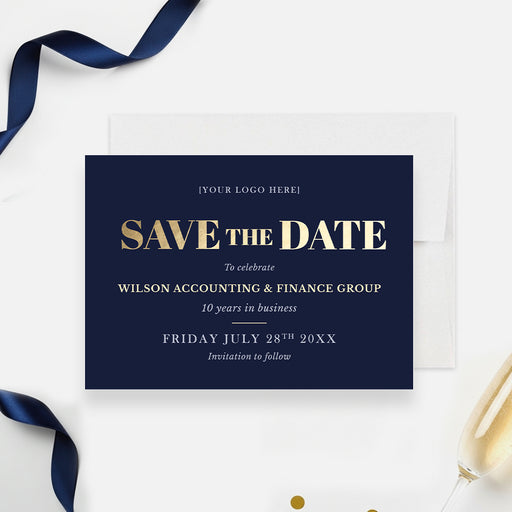 corporate anniversary save the date card with navy background, gold-colored lettering, logo space, and personalized company milestone details-front