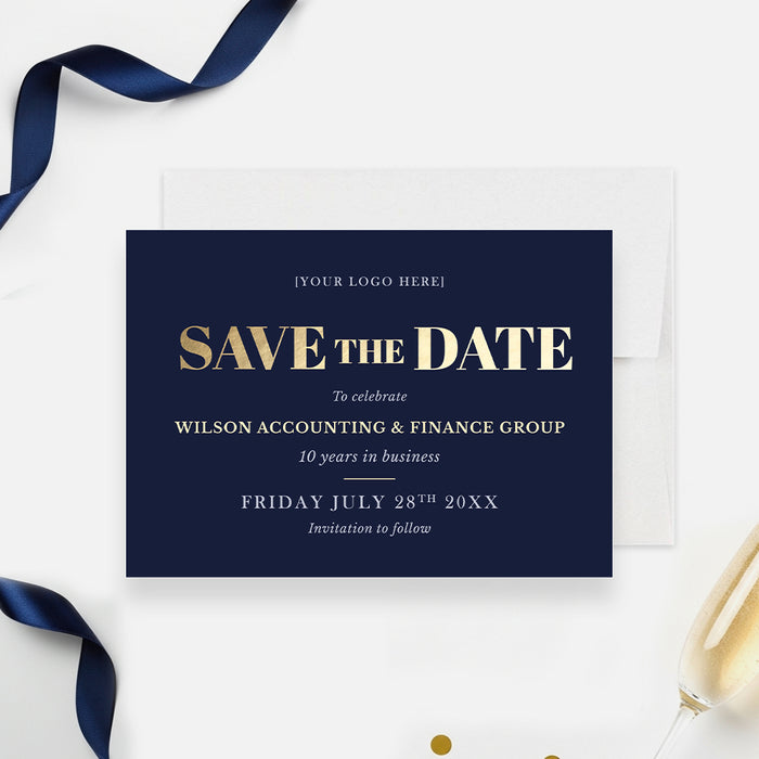 corporate anniversary save the date card with navy background, gold-colored lettering, logo space, and personalized company milestone details-front