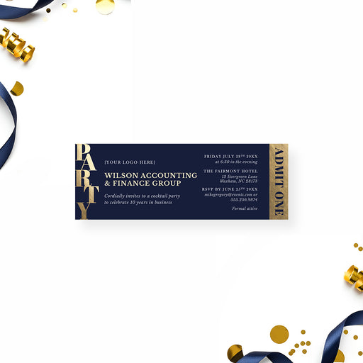 corporate anniversary ticket invitation with navy background, gold-colored party lettering, logo space, and personalized business event details