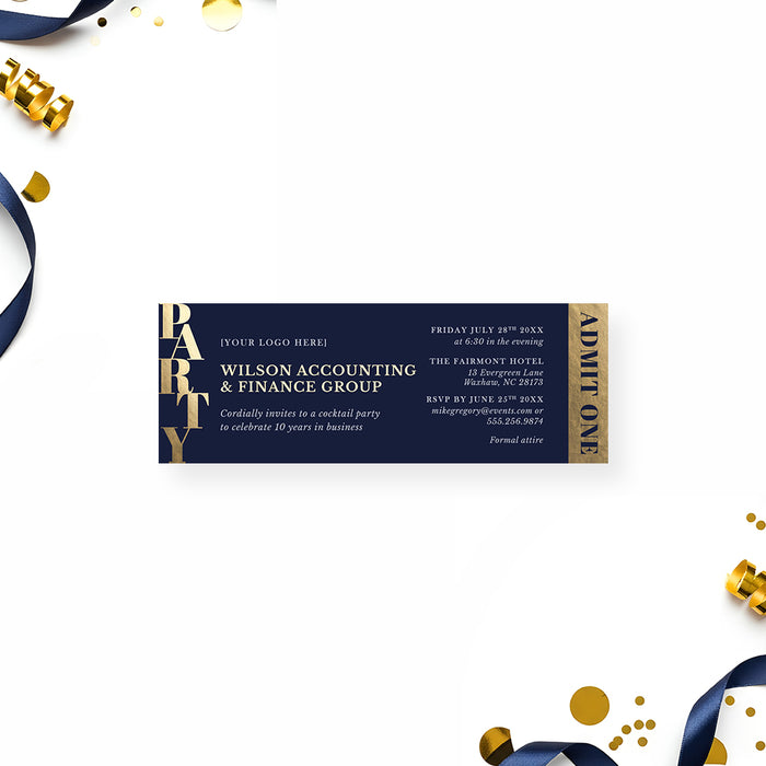 corporate anniversary ticket invitation with navy background, gold-colored party lettering, logo space, and personalized business event details