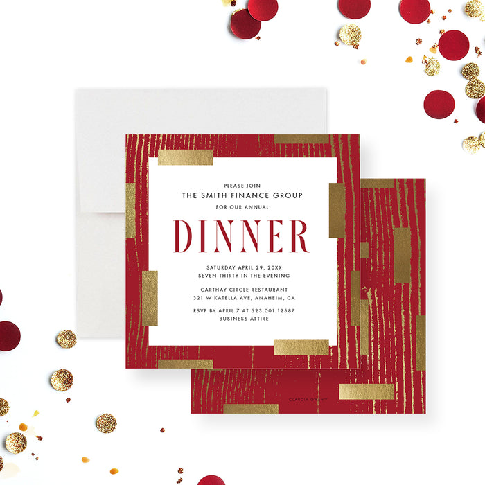 Elegant custom red and gold dinner invitation card featuring a modern design, personalized for corporate events.-front-back