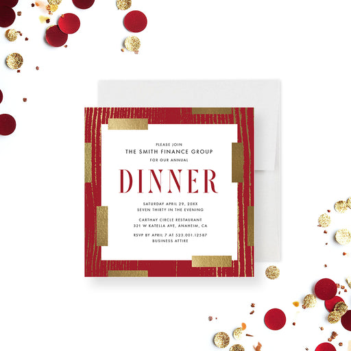 Elegant custom red and gold dinner invitation card featuring a modern design, personalized for corporate events.-front