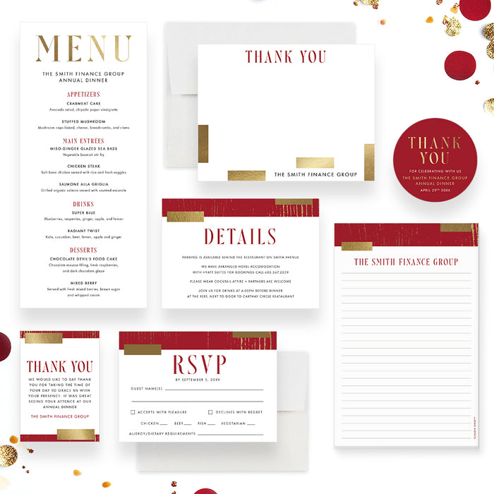 Personalized Red and Gold Dinner Invitation Corporate Event Card
