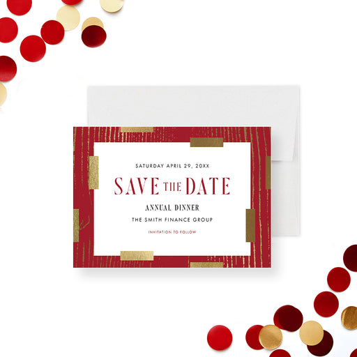 Red and gold save-the-date card with customizable event details, perfect for annual dinners and business events.-front