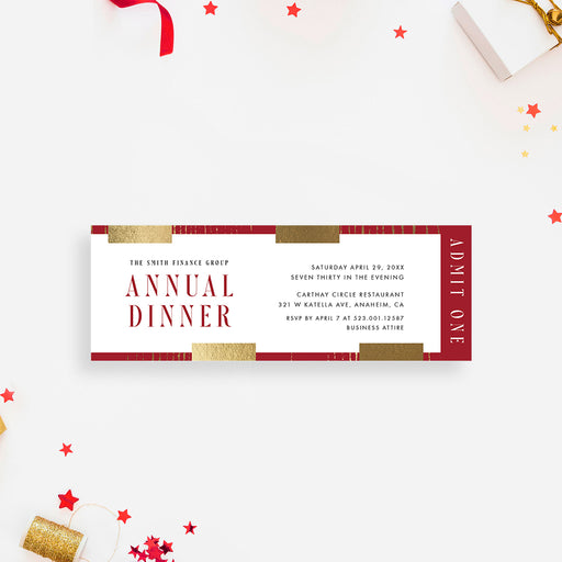 Red and gold annual dinner ticket invitation, personalized for corporate dinners, gala events, fundraisers, and formal parties.