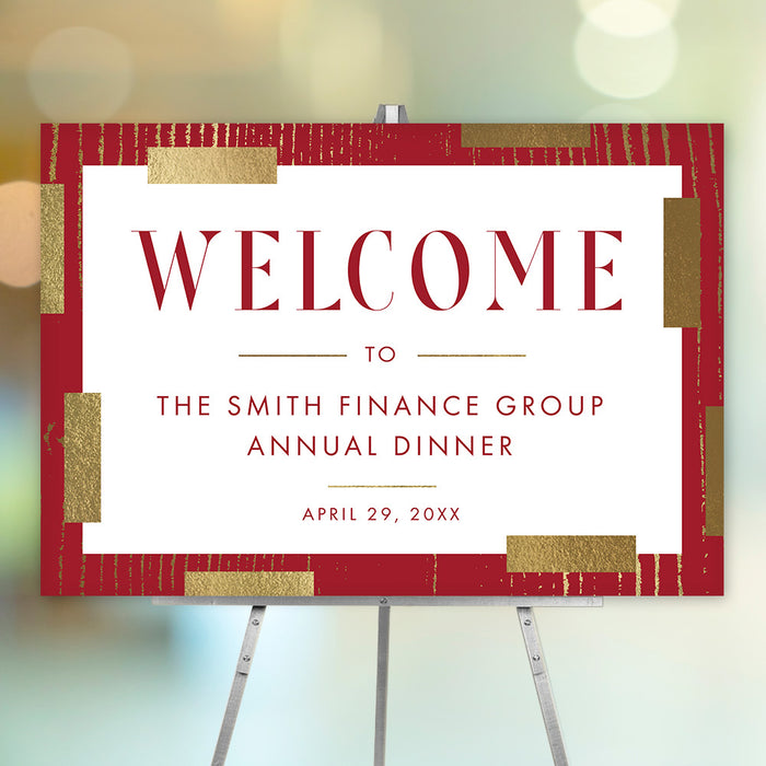 Red and gold welcome sign with customizable text for corporate dinners, galas, and formal parties, designed as a stylish entrance display.