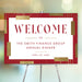 Red and gold welcome sign with customizable text for corporate dinners, galas, and formal parties, designed as a stylish entrance display.