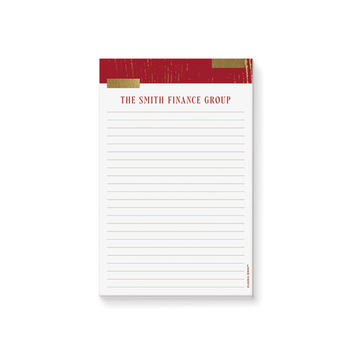 Custom red and gold lined notepad with personalized name or business text, perfect for professional event favors or stylish everyday stationery.