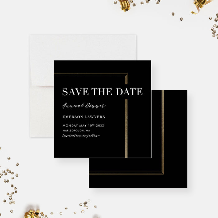 Elegant save the date card for corporate annual dinners and formal events-front-back