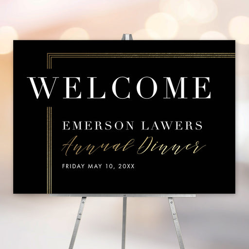 Customized corporate welcome sign and professional event signage for business dinners and formal gatherings.