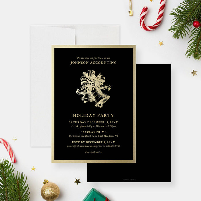 elegant black and gold corporate holiday party invitation with festive bell design-front-back
