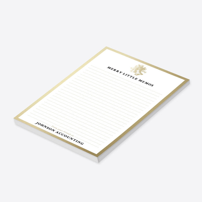 Elegant corporate holiday notepad with a festive bell design and a personalized Christmas office stationery layout-side