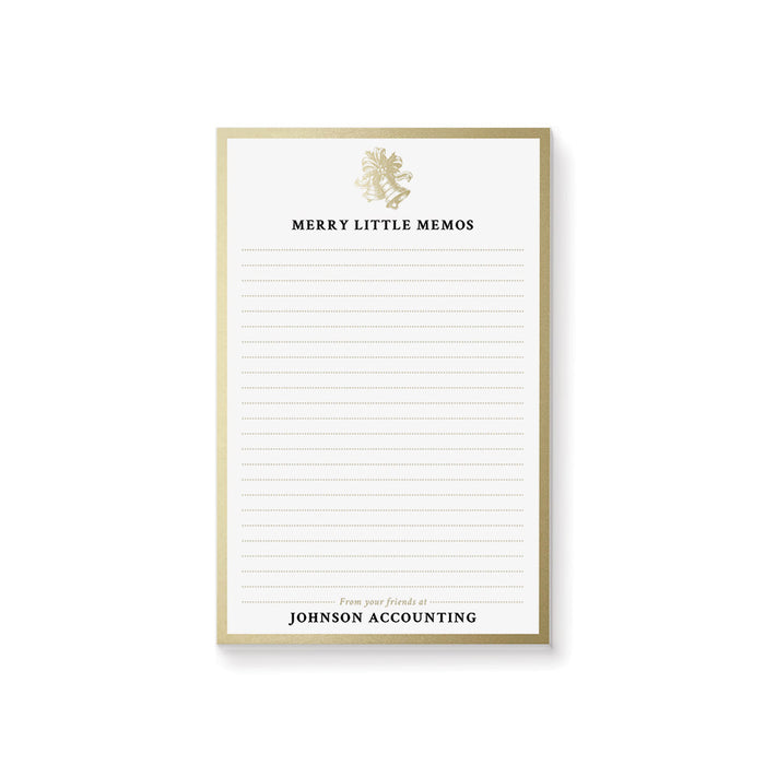 Elegant corporate holiday notepad with a festive bell design and a personalized Christmas office stationery layout