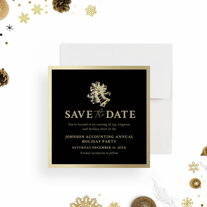 elegant black and gold holiday save the date card with festive bell illustration-front