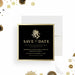 elegant black and gold holiday save the date card with festive bell illustration-front