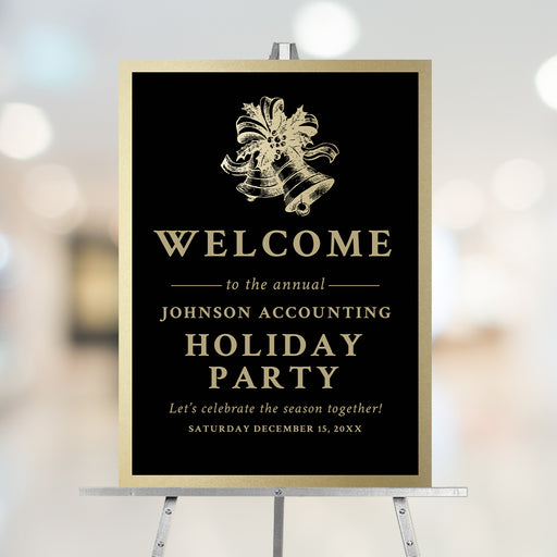 black and gold corporate holiday welcome sign with elegant Christmas party entrance design