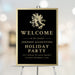 black and gold corporate holiday welcome sign with elegant Christmas party entrance design