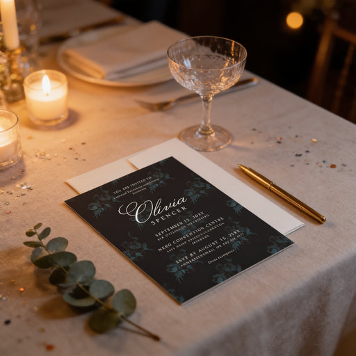 Elegant birthday invitation featuring dark teal floral details on a black background for a formal evening celebration