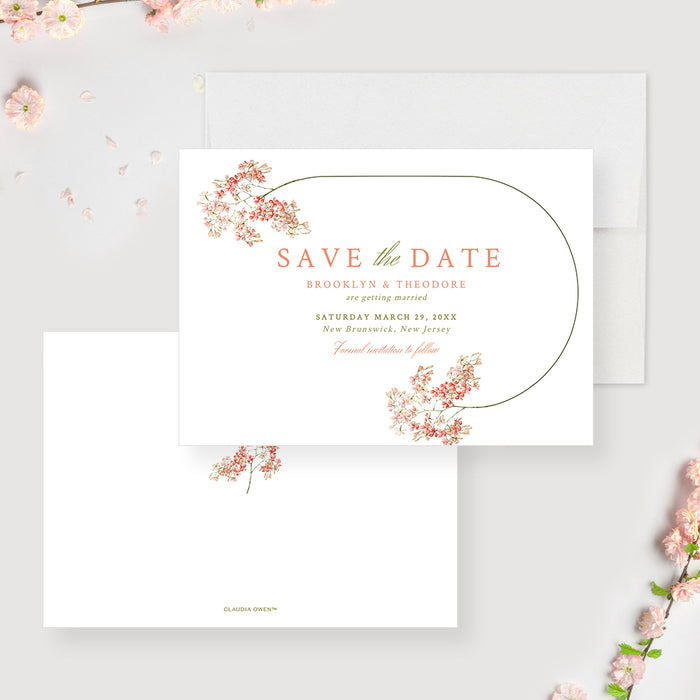 Elegant floral Save the Date wedding card template with blush pink flowers and modern typography.