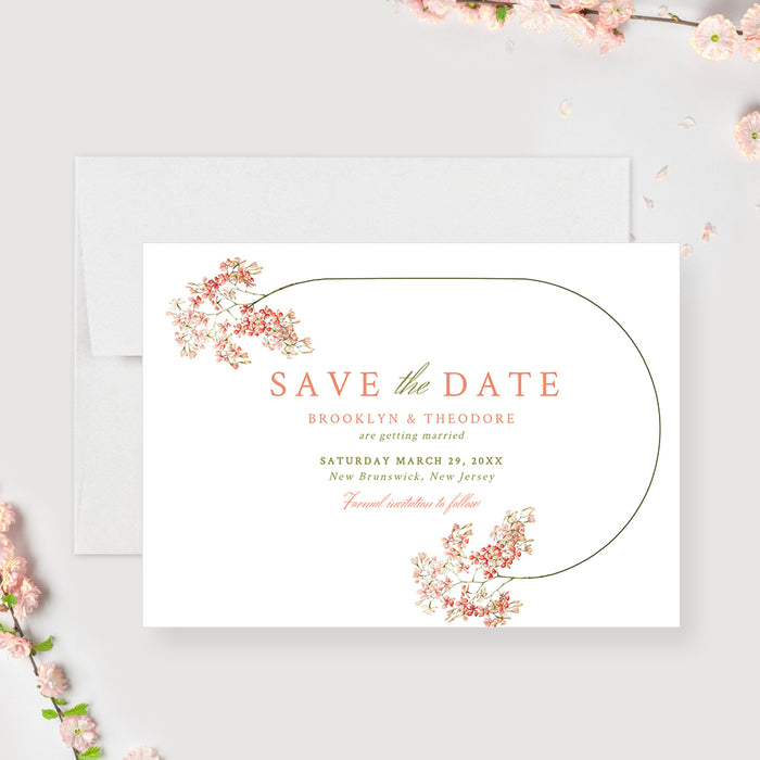 Elegant floral Save the Date wedding card template with blush pink flowers and modern typography.