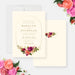 Romantic wedding invitation featuring a gold oval frame and a floral arrangement of pink, coral, and magenta blooms, customizable for any celebration.-front-back
