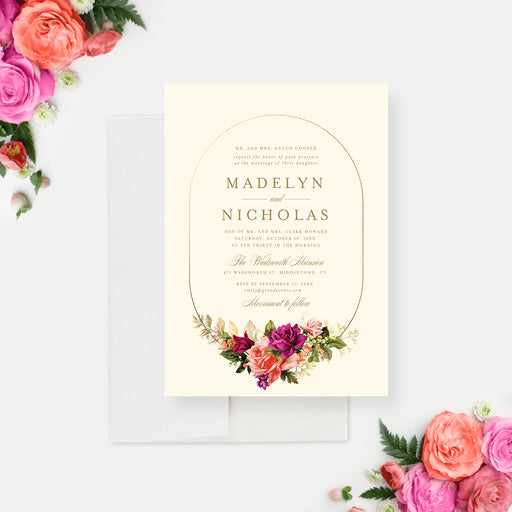 Romantic wedding invitation featuring a gold oval frame and a floral arrangement of pink, coral, and magenta blooms, customizable for any celebration.-front