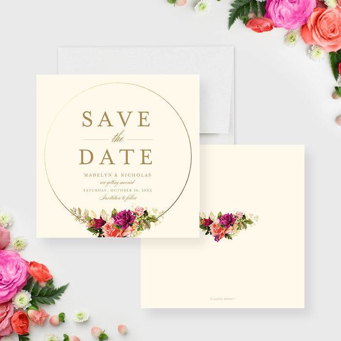 Floral save the date card with romantic botanical design, personalized with names and date, ideal for spring weddings or special events.-front-back