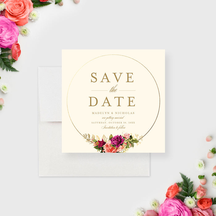 Floral save the date card with romantic botanical design, personalized with names and date, ideal for spring weddings or special events.-front