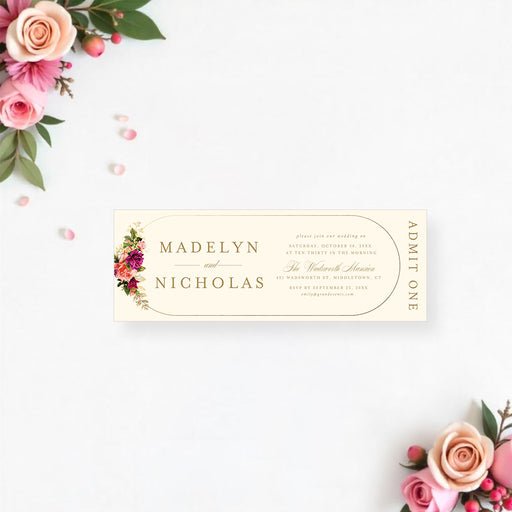 Vintage ticket-style wedding invitation featuring blush and magenta roses on a cream background, with event details. Perfect for weddings, showers, and milestone celebrations.