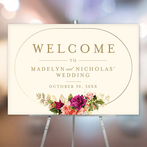 Elegant vintage floral wedding welcome sign featuring pink and peach flowers, a gold border, and personalized text for weddings or special events.