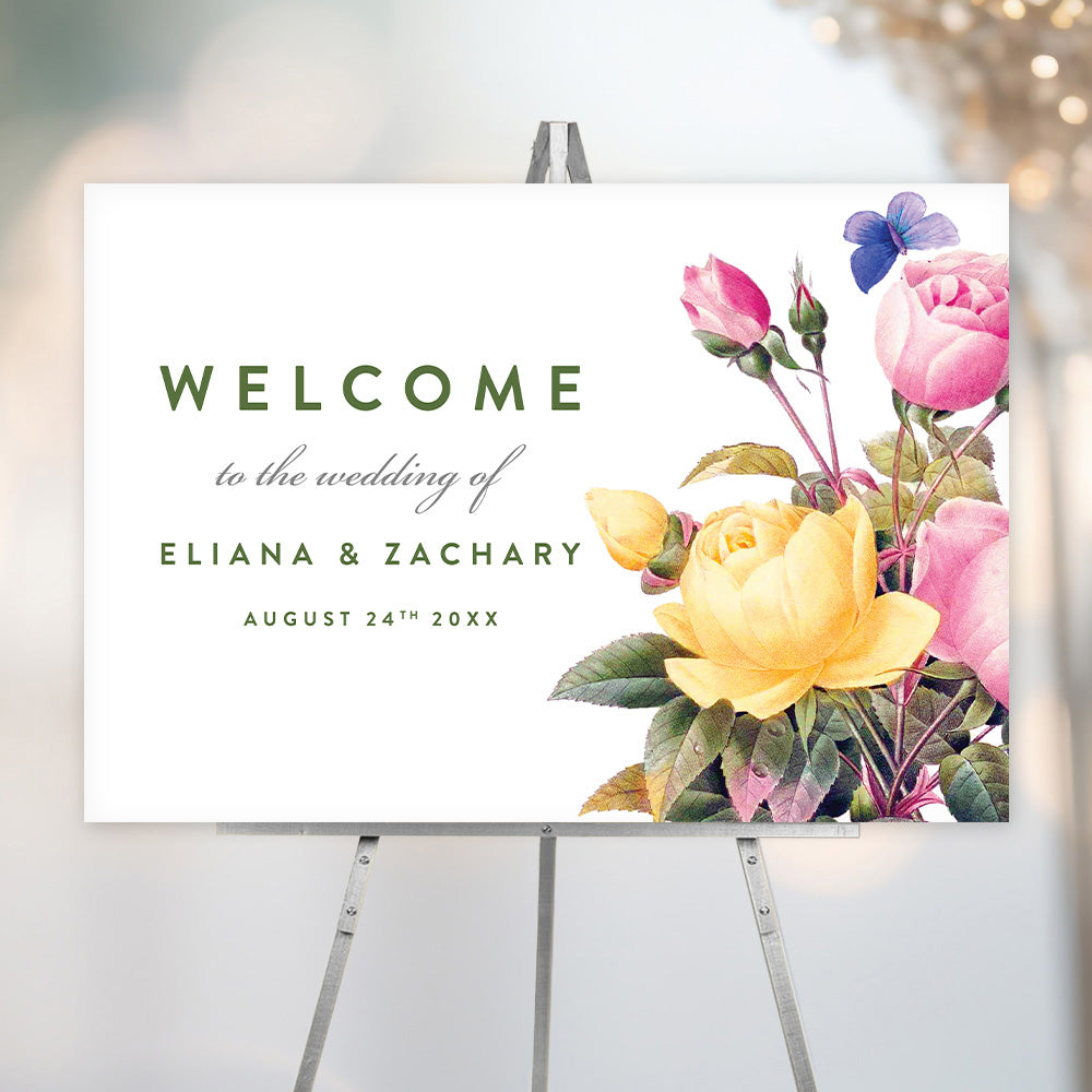 Garden Wedding Welcome Sign with Roses and Butterflies