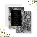 Elegant invitation featuring a black and white agate stone background with gold accents.-front-back