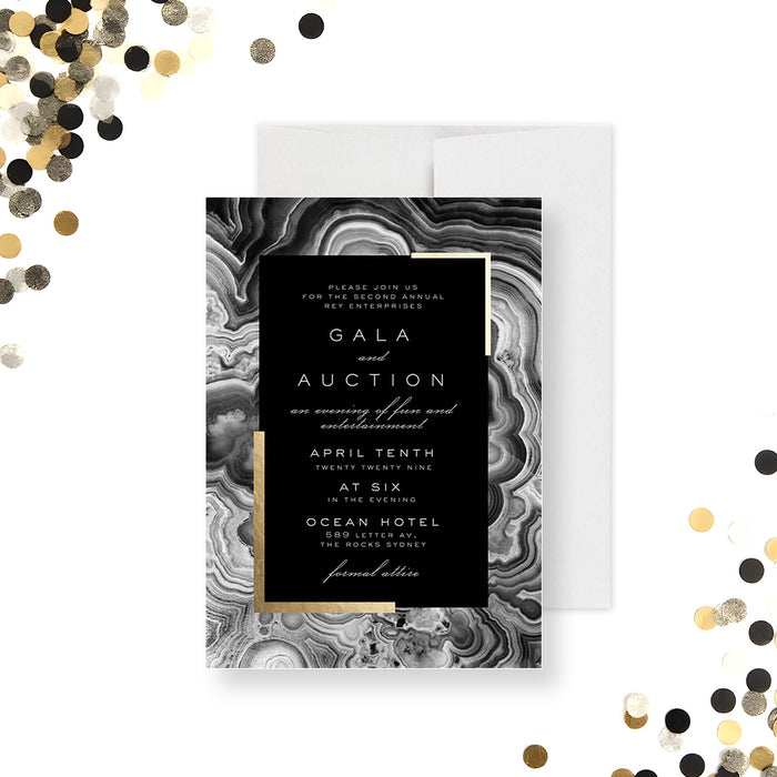 Elegant invitation featuring a black and white agate stone background with gold accents.-front
