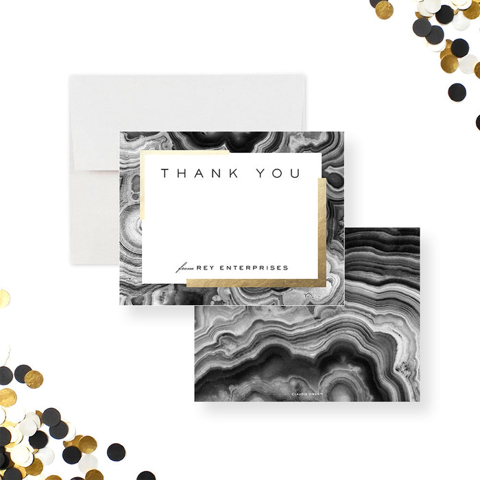 Personalized corporate thank you card with black geode design and gold accents-front-back