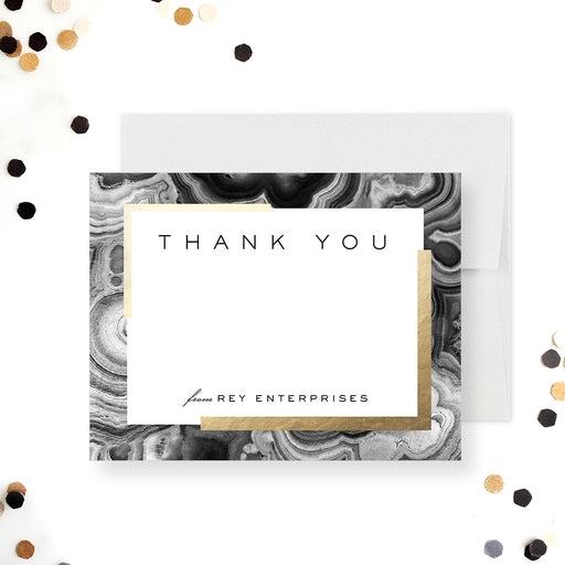 Personalized corporate thank you card with black geode design and gold accents-front