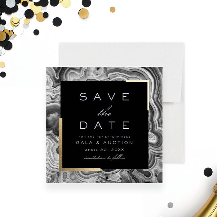 Black and gold gala and auction save the date card with geode design-front