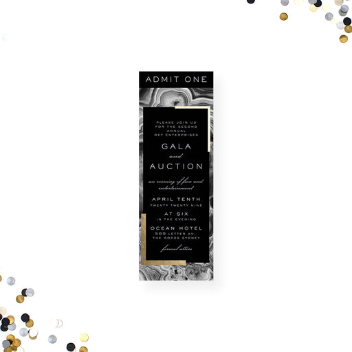 Black geode gala and auction ticket invitation with elegant typography and gold accents