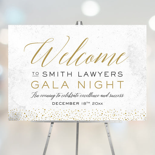 corporate gala welcome sign elegant business event sign displayed on easel for charity gala or professional event entrance decor