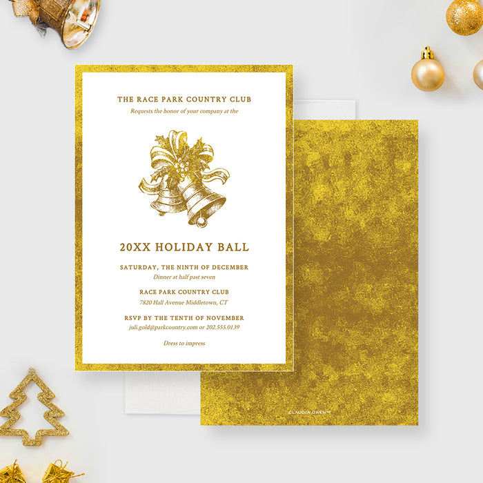 Elegant gold and white digital holiday party invitation template featuring vintage bells and formal text for a Christmas dinner or holiday ball.