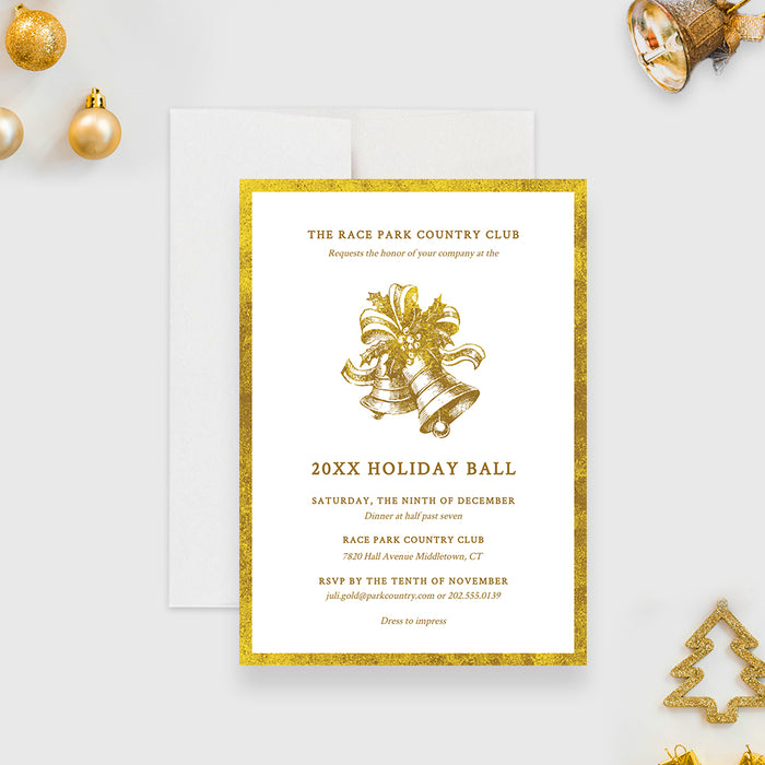 Elegant gold and white digital holiday party invitation template featuring vintage bells and formal text for a Christmas dinner or holiday ball.