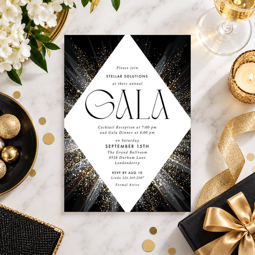 Personalized black and gold gala invitation with gold accents, a white diamond-shaped center, and custom corporate event details.