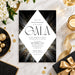 Personalized black and gold gala invitation with gold accents, a white diamond-shaped center, and custom corporate event details.